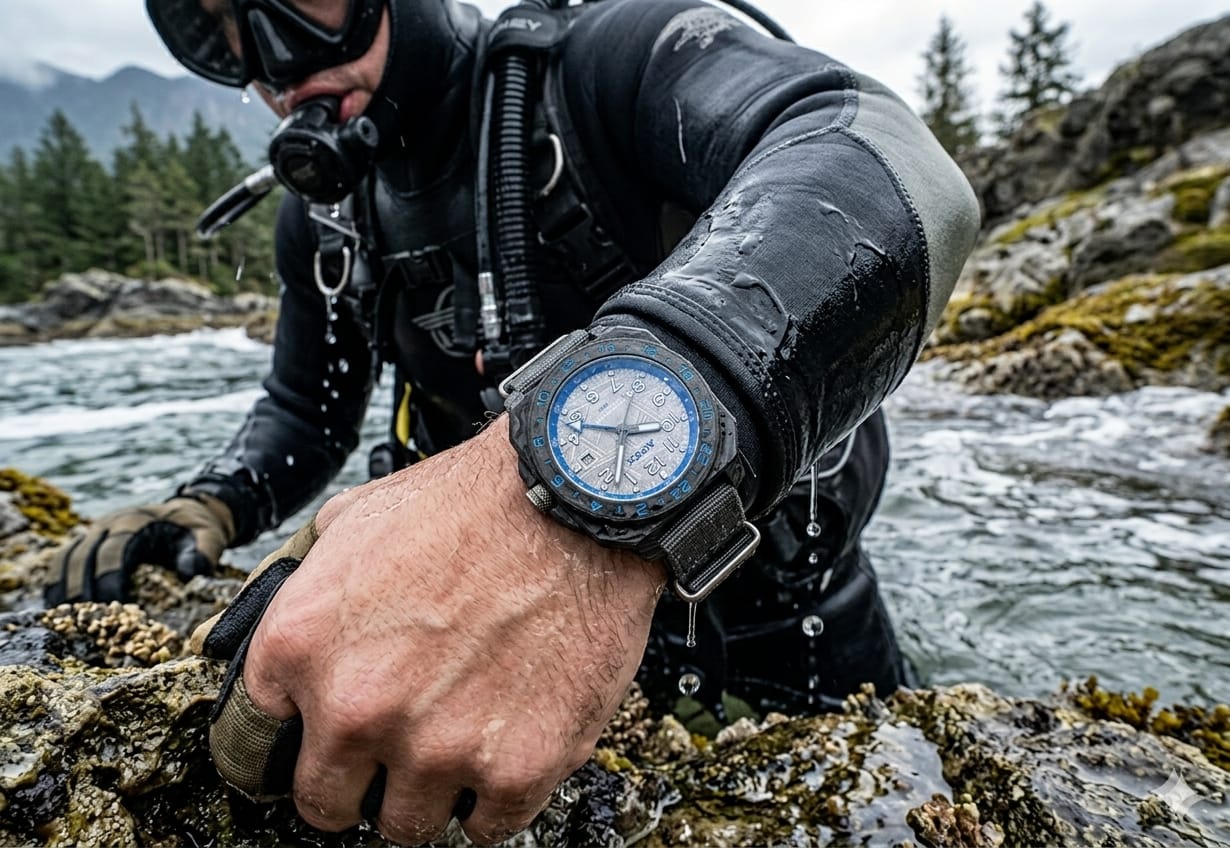 APEX carbon GMT on the wrist of a diver emerging from cold water